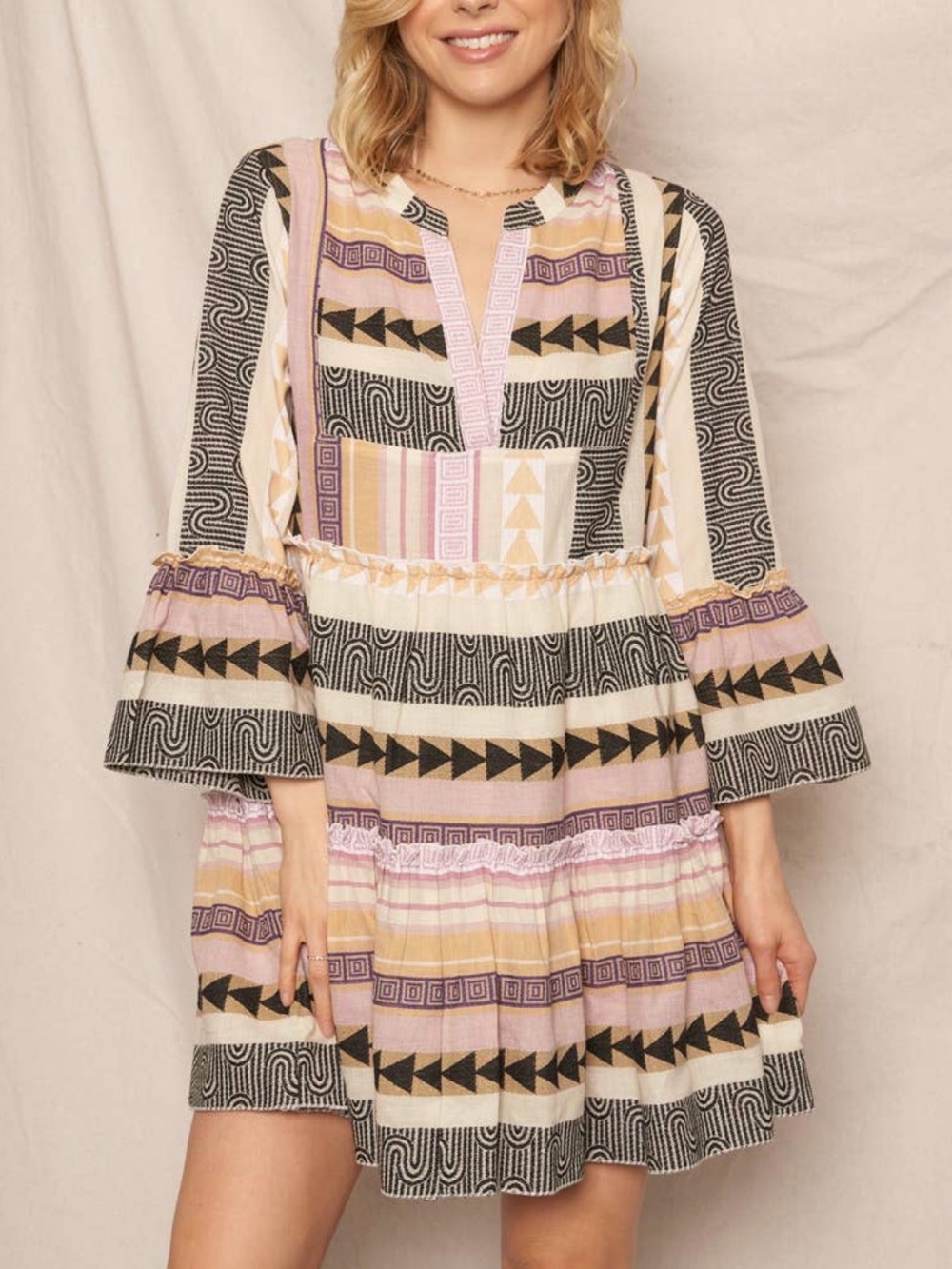 Elan Geometric Tiered Mini Dress in Black, Pink, Cream